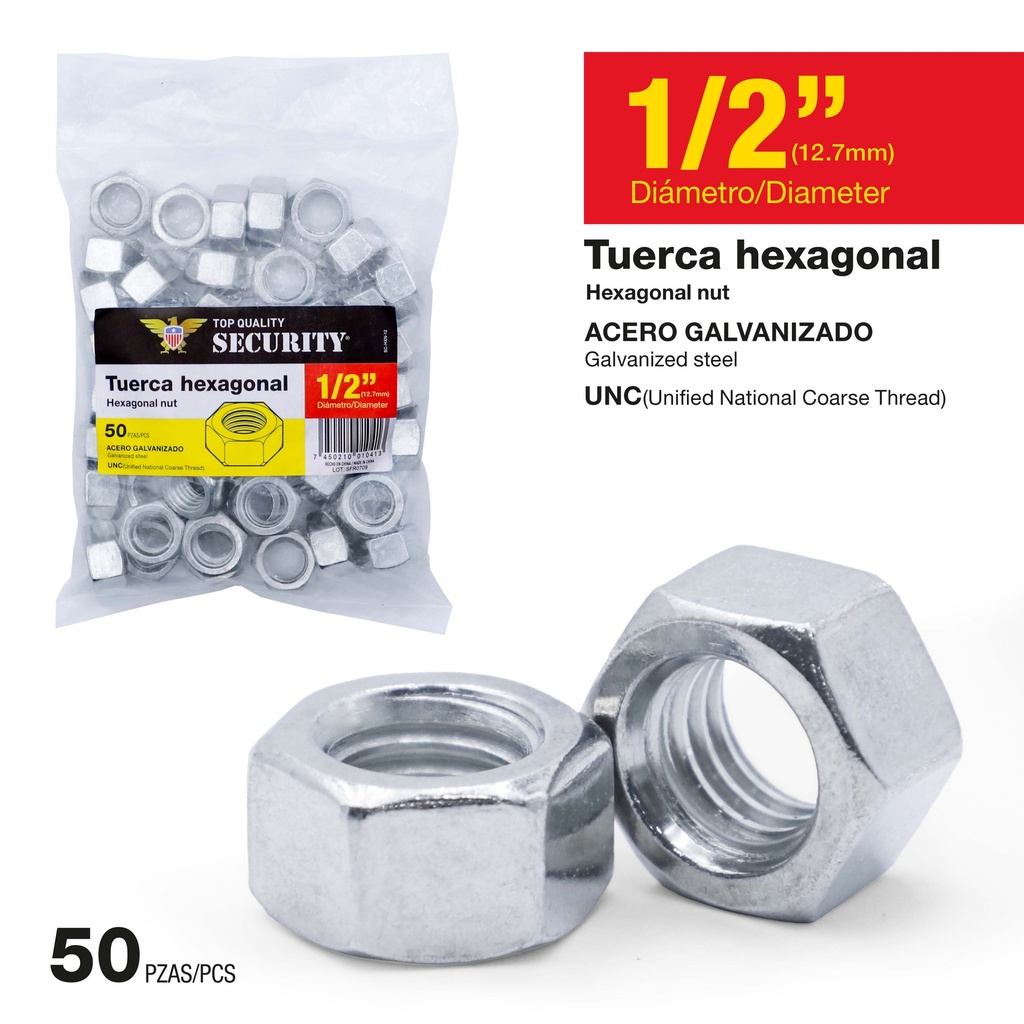 TUERCA GALV HEX 1/2" x 50 UNID SECURITY 9-768