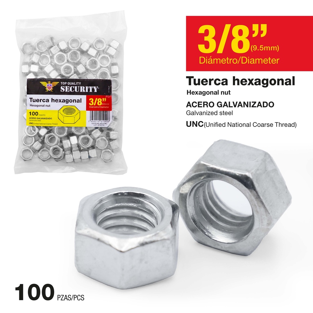 TUERCA GALV HEX 3/8" x 100 UNID SECURITY 9-770