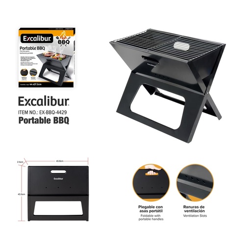 [10-527] PARRILLERA PORTATIL PLEGABLE 44x27CM EXCALIBUR 10-527