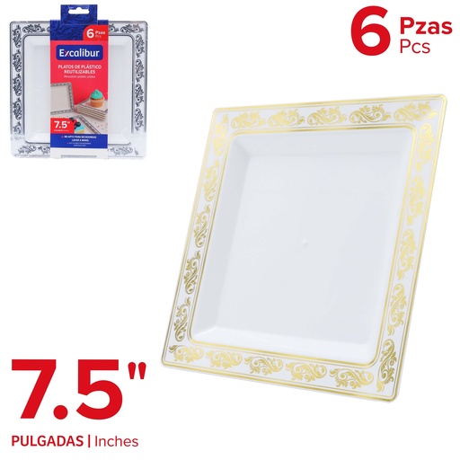 [10-533] PLATO CUADRADO PLAST  7.5" x 6 PCS EXCALIBUR 10-533