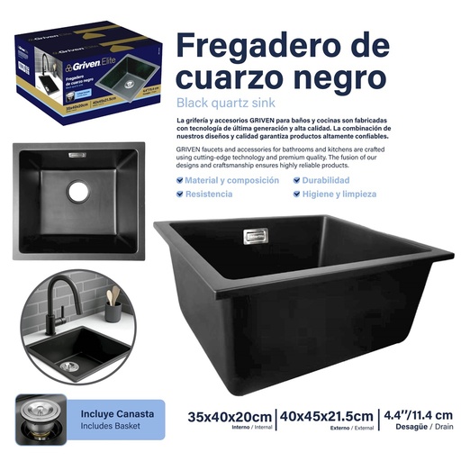 [11-020] FREGADERO DE QUARZO NEGRO 40x45x21.5 CM GRIVEN 11-020