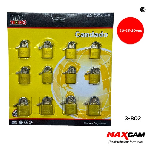 [3-802] CANDADOS SET 20MM-25MM-30MM 12PCS 3-802
