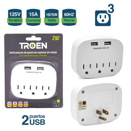 [4-377] CONVERTIDOR 3 TOMAS + 2 USB TROEN 4-377