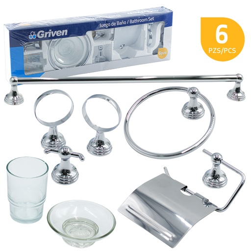 [4-592] ACCESORIO DE BAÑO 6 PIEZAS METALICO  GRIVEN 4-592