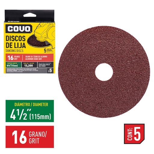 [4-748] DISCO DE LIJA 4-1/2" GRANO 16 x 5 UNID  COVO 4-748