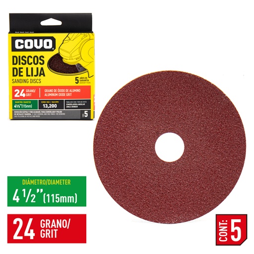 [4-749] DISCO DE LIJA 4-1/2" GRANO 24 x 5 UNID COVO 4-749