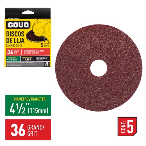 [4-750] DISCO DE LIJA 4-1/2" GRANO 36 x 5 UNID COVO 4-750