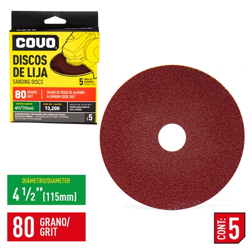 [4-752] DISCO DE LIJA 4-1/2" GRANO 80 x 5 UNID  COVO 4-752