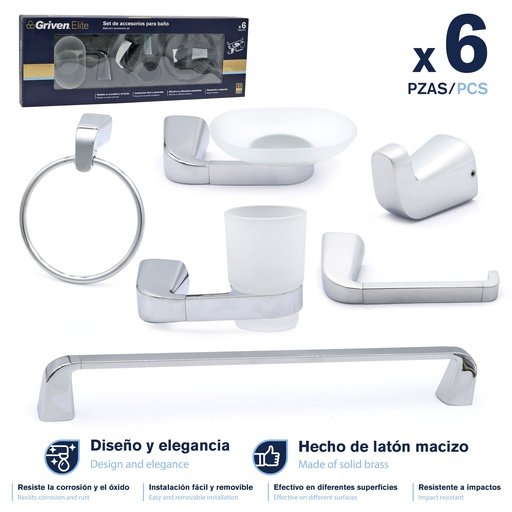 [9-230] ACCESORIO DE BAÑO 6 PZAS METALICO GRIVEN ELITE 9-230