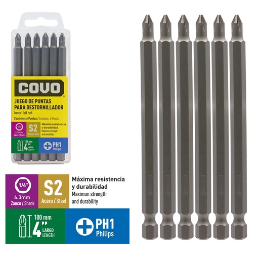 [9-276] JUEGO DE PUNTAS PH1 4" X 6 PCS COVO 9-276
