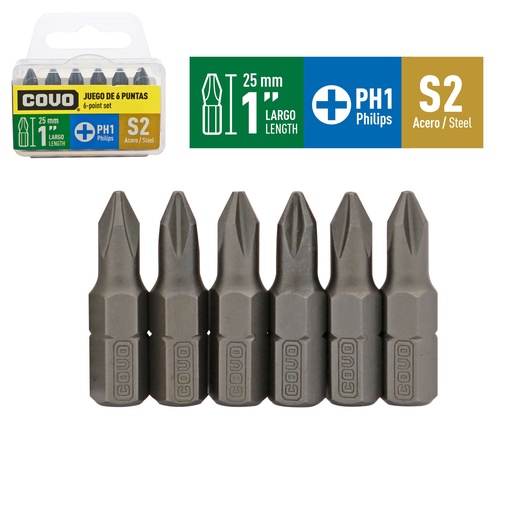 [9-277] JUEGO DE PUNTAS PH1 1" X 6 PCS COVO 9-277