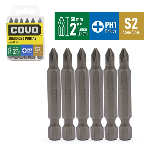 [9-278] JUEGO DE PUNTAS PH1 2" X 6 PCS COVO 9-278