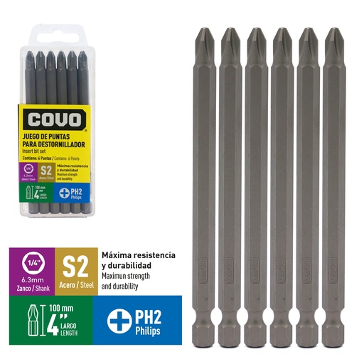 [9-279] JUEGO DE PUNTAS PH2 4" X 6 PCS COVO 9-279