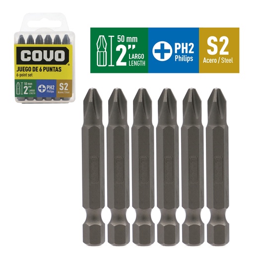 [9-281] JUEGO DE PUNTAS PH2 2" X 6 PCS COVO 9-281
