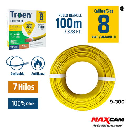 [9-300] CABLE THHN 8 AMARILLO 100MTS 100% COBRE TROEN 9-300