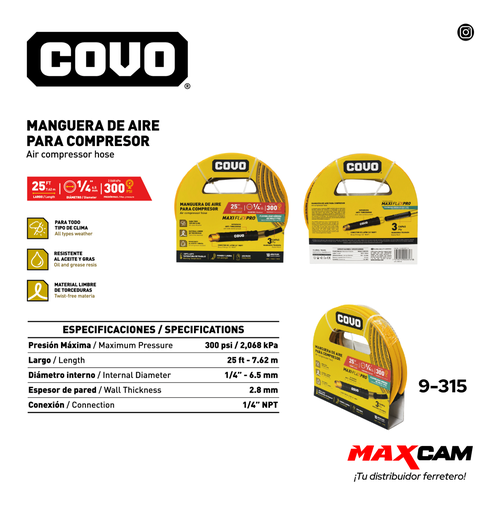 [9-315] MANGUERA DE AIRE P/COMPRESOR 1/4" x 7.62 MTS COVO 9-315