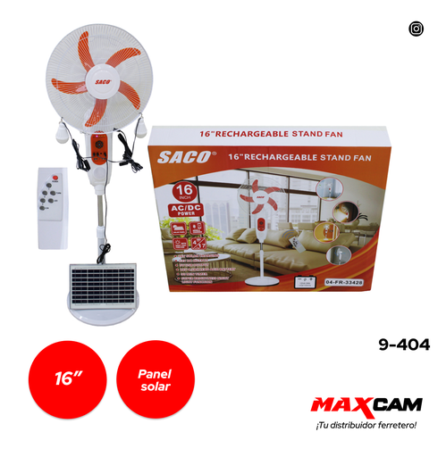 [9-404] VENTILADOR 16" C/PANEL SOLAR SACO 9-404