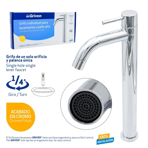 [9-487] LLAVE LAVAMANO ALTA INDIVIDUAL CROM GRIVEN 9-487