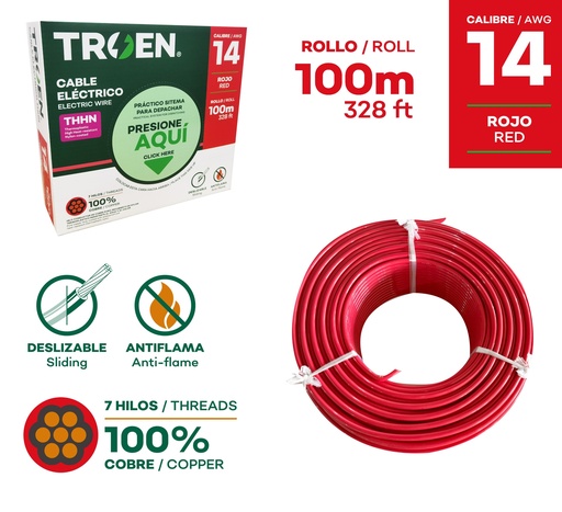 [9-509] CABLE THHN 14 ROJO 100MTS 100% COBRE TROEN 9-509