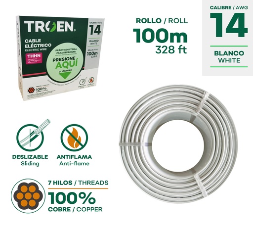 [9-510] CABLE THHN 14 BLANCO 100MTS 100% COBRE TROEN 9-510
