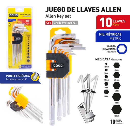 [9-531] LLAVE ALLEN HEXAGONAL ESFERICO 10 PCS MILIMETRICA COVO 9-531