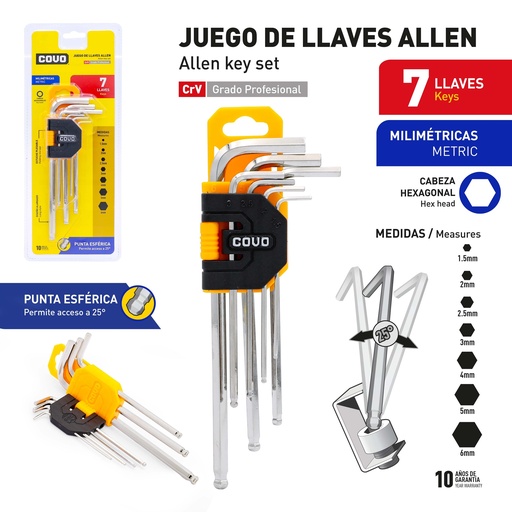 [9-533] LLAVE ALLEN HEXAGONAL ESFERICO 7 PCS MILIMETRICA COVO 9-533