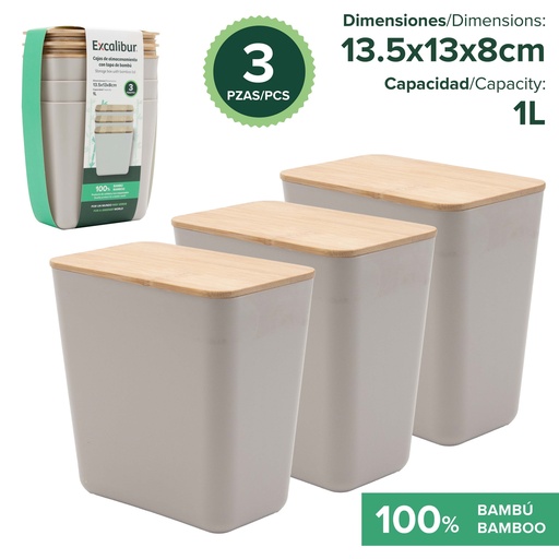 [9-564] ENVASE PLAST C/TAPA DE BAMBU x 3 UNID EXCALIBUR 9-564