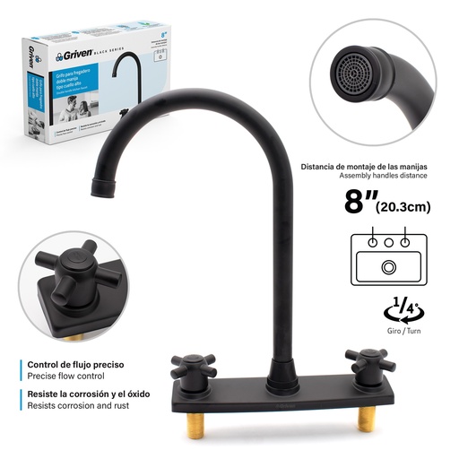 [4-811] LLAVE FREGADERO DOBLE 8" GRIVEN BLACK 4-811