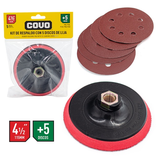 [4-825] KIT SOPORTE CON 5 UNID DISCO LIJAS 4 1/2 COVO 4-825