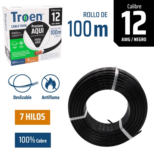 [4-869] CABLE THHN 12 NEGRO 100MTS 100% COBRE TROEN 4-869
