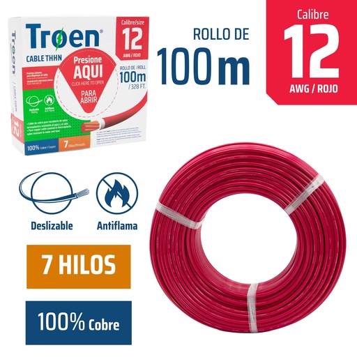 [4-870] CABLE THHN 12 ROJO 100MTS 100% COBRE TROEN 4-870