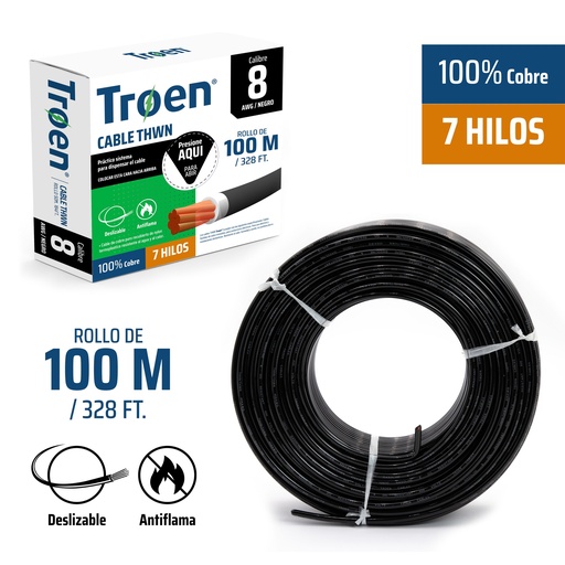 [4-877] CABLE THHN 8 NEGRO 100MTS 100% COBRE TROEN 4-877