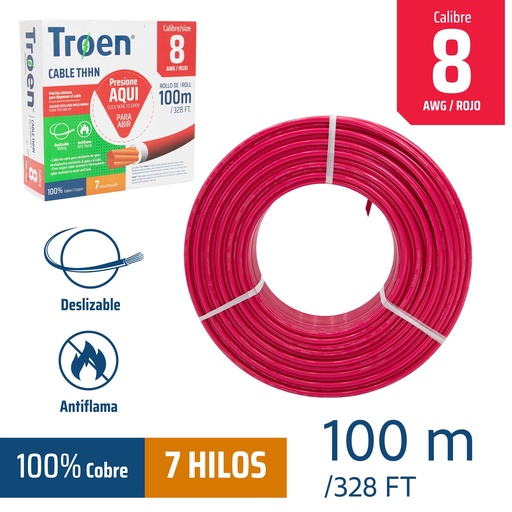 [4-878] CABLE THHN 8 ROJO 100MTS 100% COBRE TROEN 4-878
