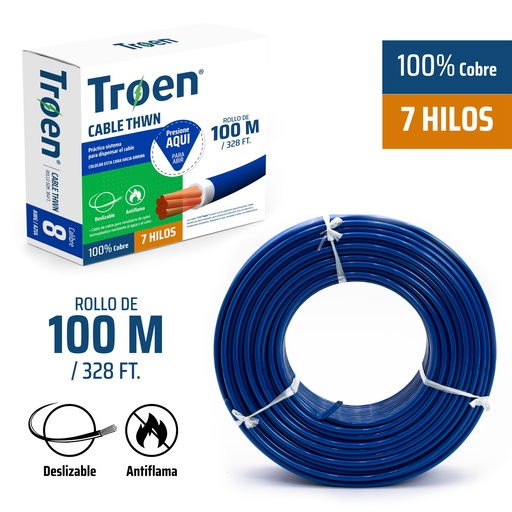 [4-879] CABLE THHN 8 AZUL 100MTS 100% COBRE TROEN 4-879