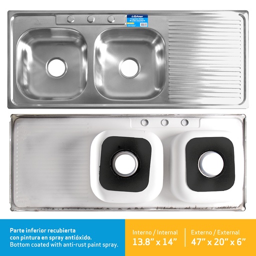 [5-110] FREGADERO ACERO INOX DOBLE C/ESC 120X50CM GRIVEN 5-110