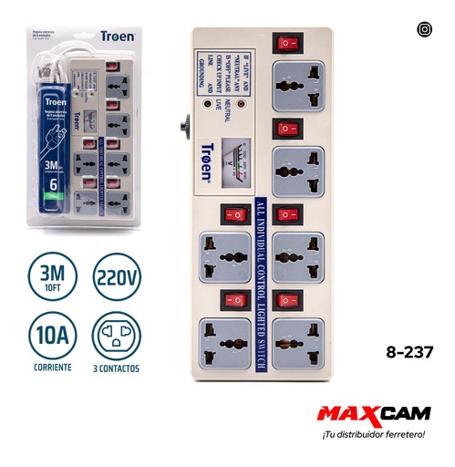 [8-237] REGLETA 6 TOMAS C/MEDIDOR TROEN 8-237