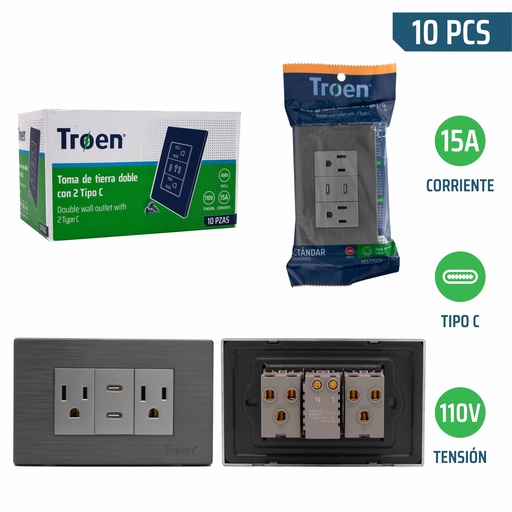 [8-263] TOMA DOBLE C/TIERRA C/PUERTO TIPO C GRIS TROEN 8-263