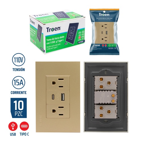 [8-372] TOMA DOBLE C/TIERRA C/PUERTO USB + TIPO C GOLD TROEN 8-372
