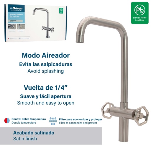 [8-500] LLAVE FREGADERO DOBLE ACERO INOX GRIVEN 8-500