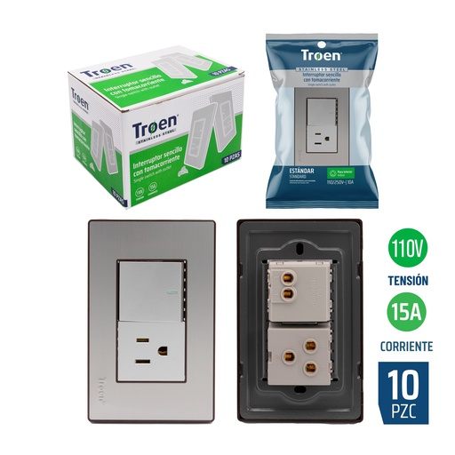 [8-506] INTERRUPTOR SENCILLO+TOMA ACERO INOX TROEN 8-506