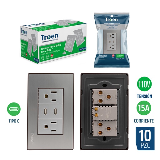 [8-513] TOMA DOBLE C/TIERRA C/PUERTO TIPO C ACERO INOX TROEN 8-513