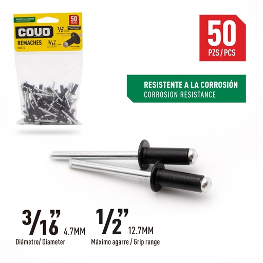 [8-851] REMACHES 3/16 X 1/2" x 50 UNID NEGRO COVO 8-851