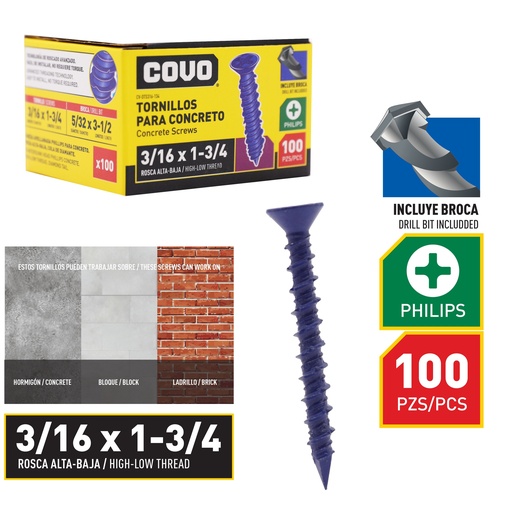 [8-861] TORNILLO P/CONCRETO 3/16" x 1 3/4" x 100 UNID COVO 8-861