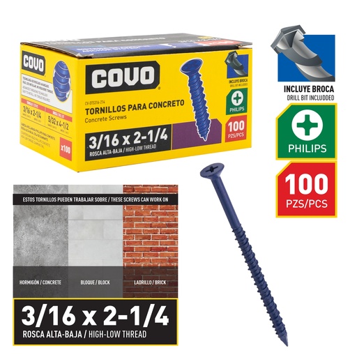 [8-865] TORNILLO P/CONCRETO 3/16" x 3 1/4" x 100 UNID COVO 8-865
