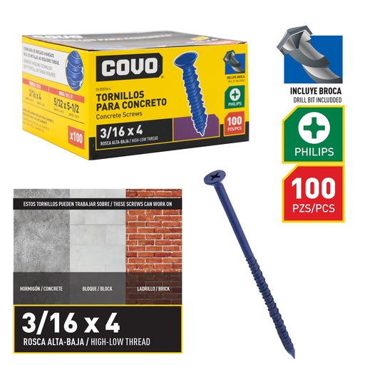 [8-866] TORNILLO P/CONCRETO 3/16" x 4" x 100 UNID COVO 8-866