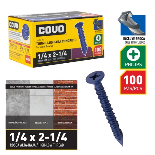 [8-869] TORNILLO P/CONCRETO 1/4" x 2 1/4" x 100 UNID COVO 8-869