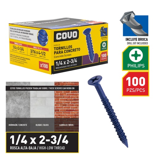 [8-870] TORNILLO P/CONCRETO 1/4" x 2 3/4" x 100 UNID COVO 8-870