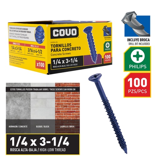 [8-871] TORNILLO P/CONCRETO 1/4" x 3 1/4" x 100 UNID COVO 8-871