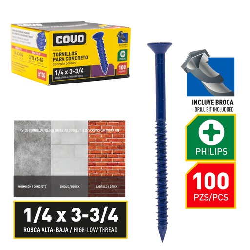 [8-872] TORNILLO P/CONCRETO 1/4" x 3 3/4" x 100 UNID COVO 8-872