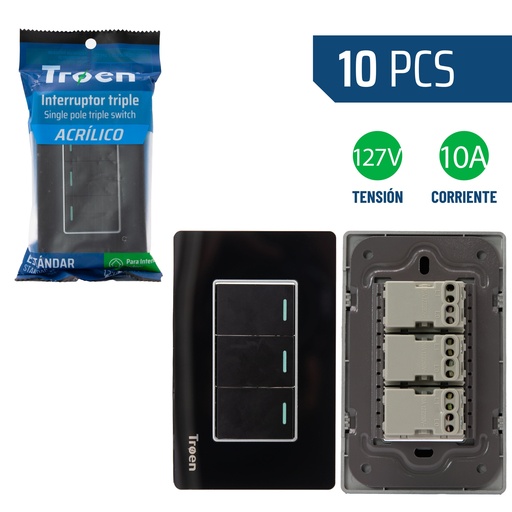 [8-928] INTERRUPTOR TRIPLE ACRILICO NEGRO TROEN 8-928